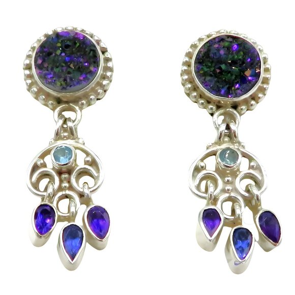 Sajen Sterling Silver Druzy Aquamarine Amethyst & Tanzanite Dangle Drop Earrings - Picture 1 of 9